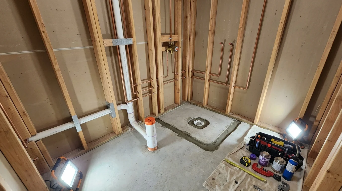 Bathroom rough-in plumbing during remodel by Johns Plumbing LLC in Lodi