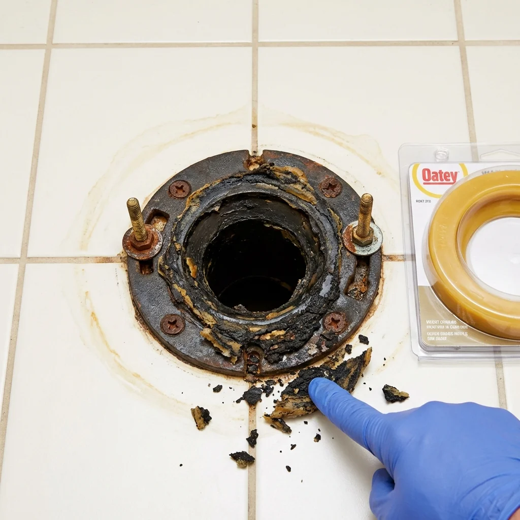 Failed wax ring showing water seepage at the base of a toilet in a Lodi, OH home