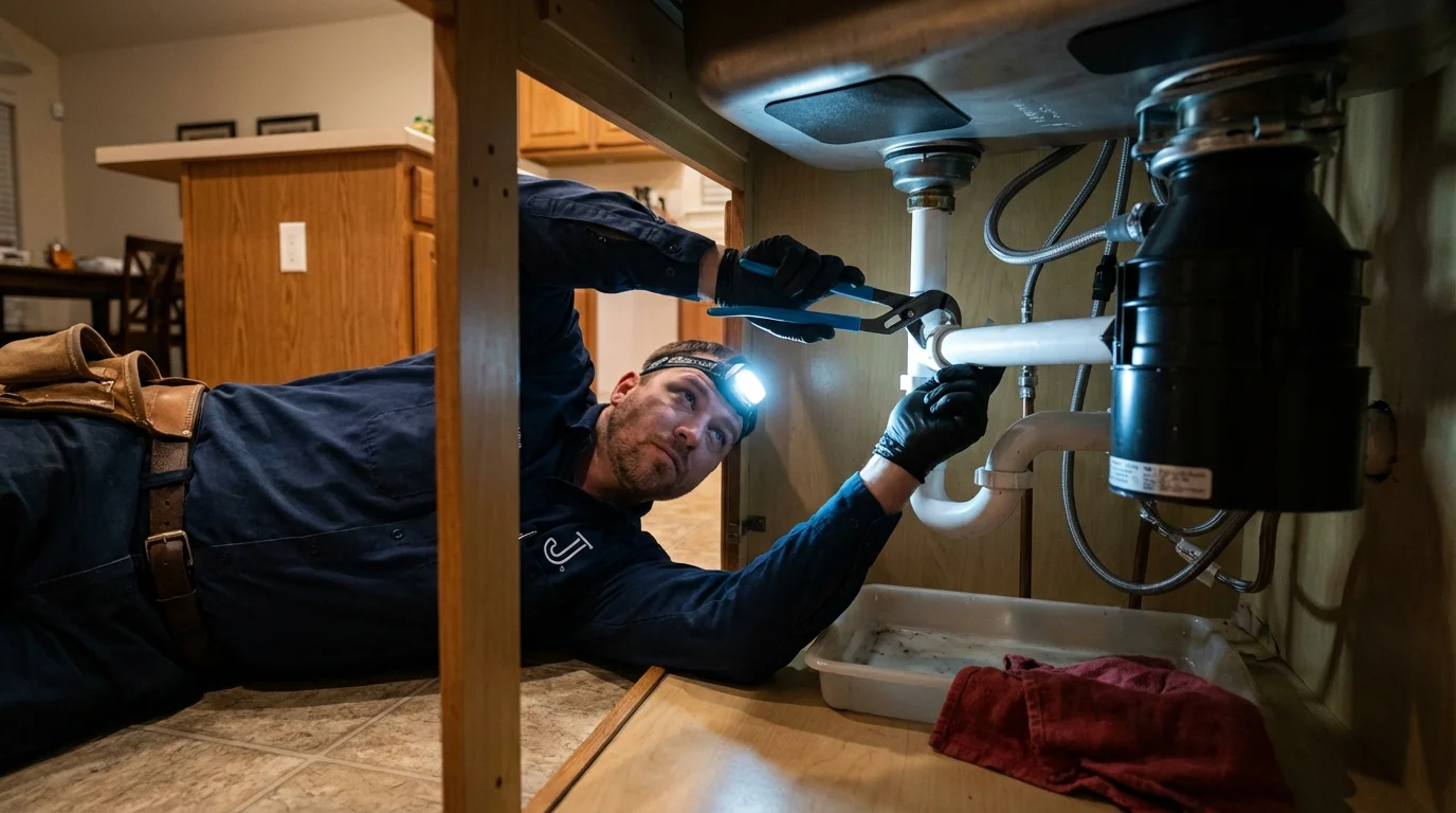 P-trap and supply line connections under a kitchen sink showing a common leak point in Lodi, OH